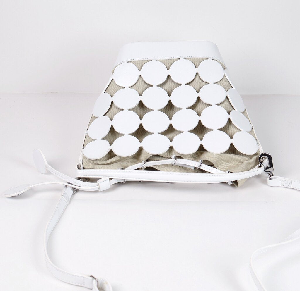 White 'Bulles' Circular Leather and Canvas Bucket Bag