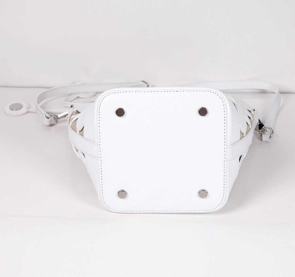 White 'Bulles' Circular Leather and Canvas Bucket Bag