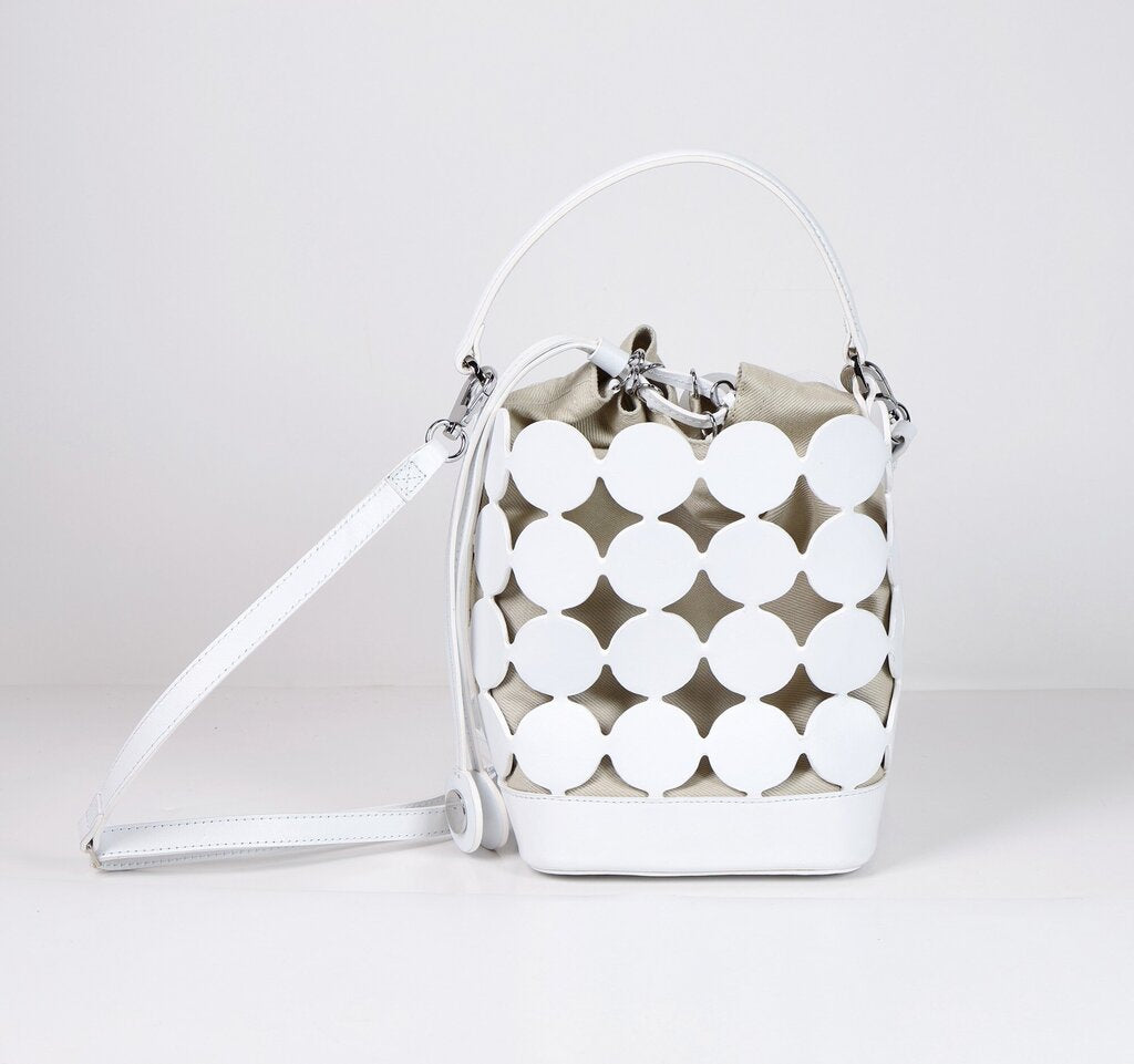 White 'Bulles' Circular Leather and Canvas Bucket Bag