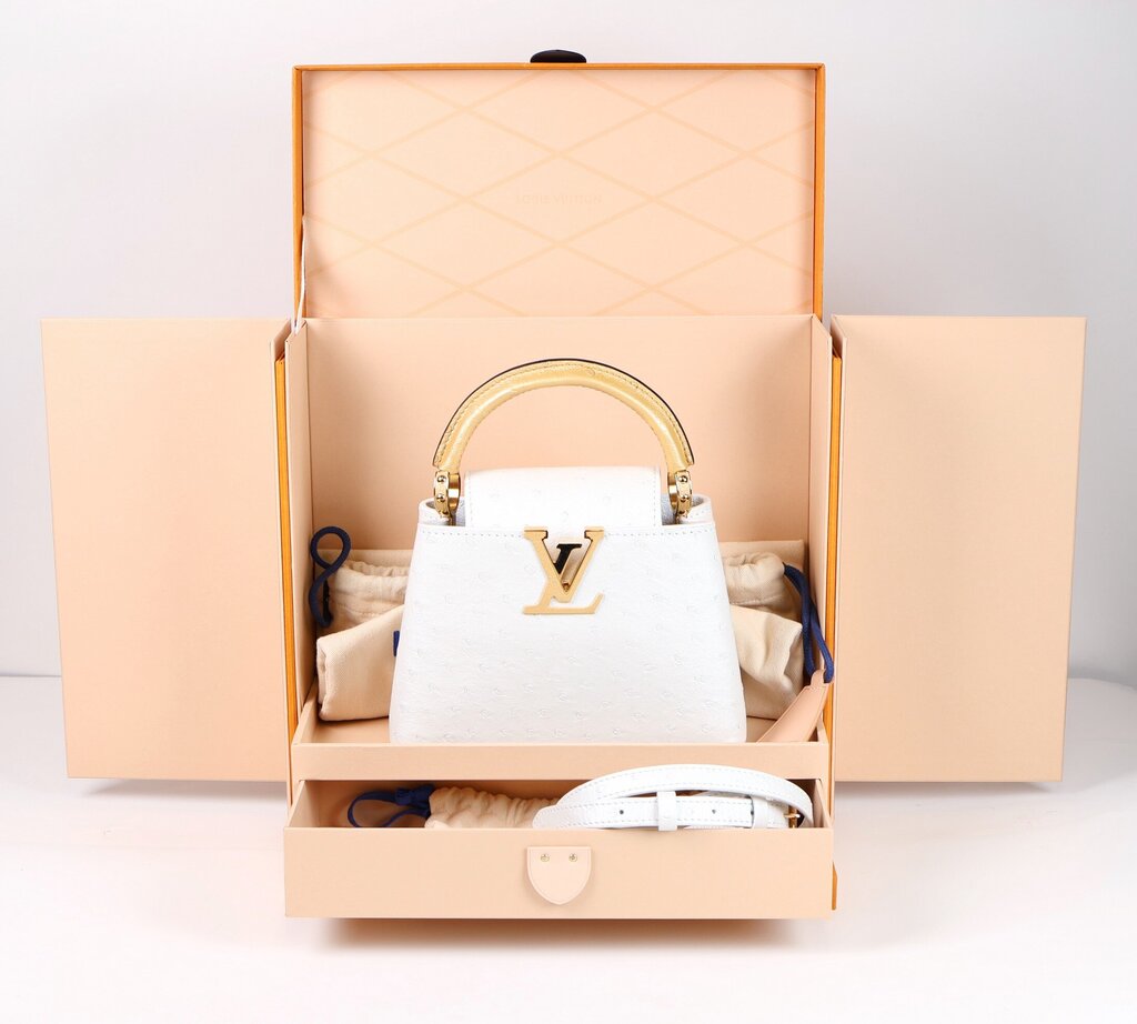 Gold Leather and White Ostrich Mini Capucine