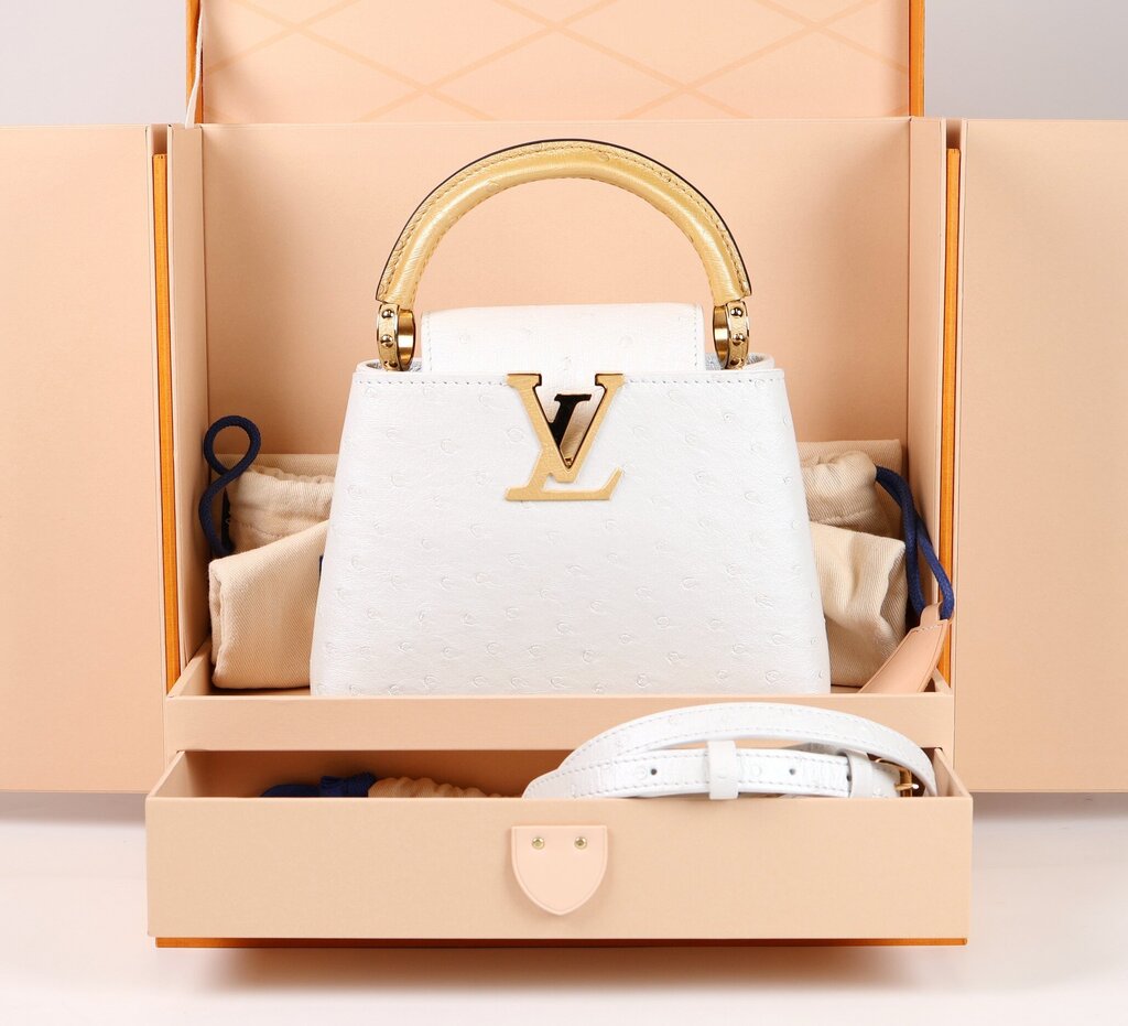 Gold Leather and White Ostrich Mini Capucine