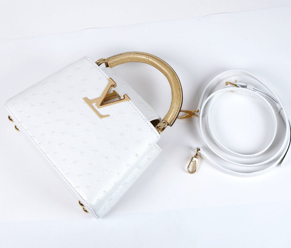 Gold Leather and White Ostrich Mini Capucine
