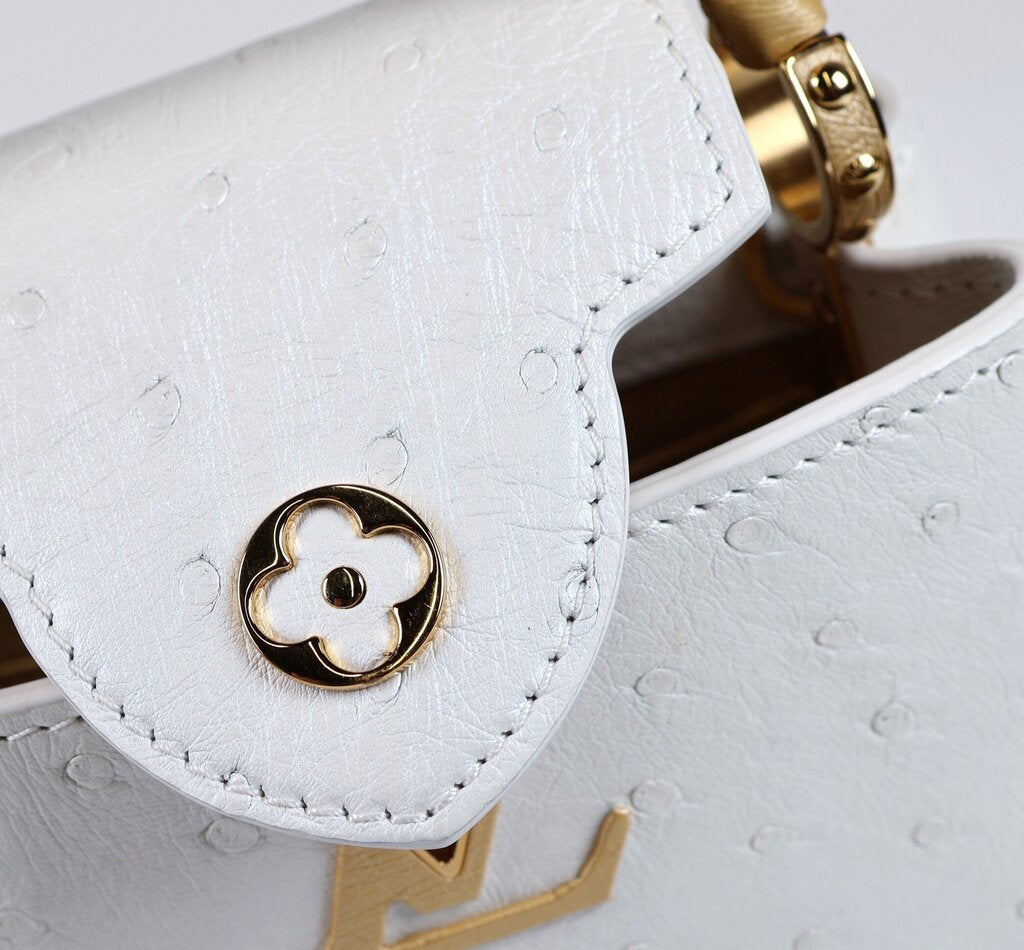 Gold Leather and White Ostrich Mini Capucine