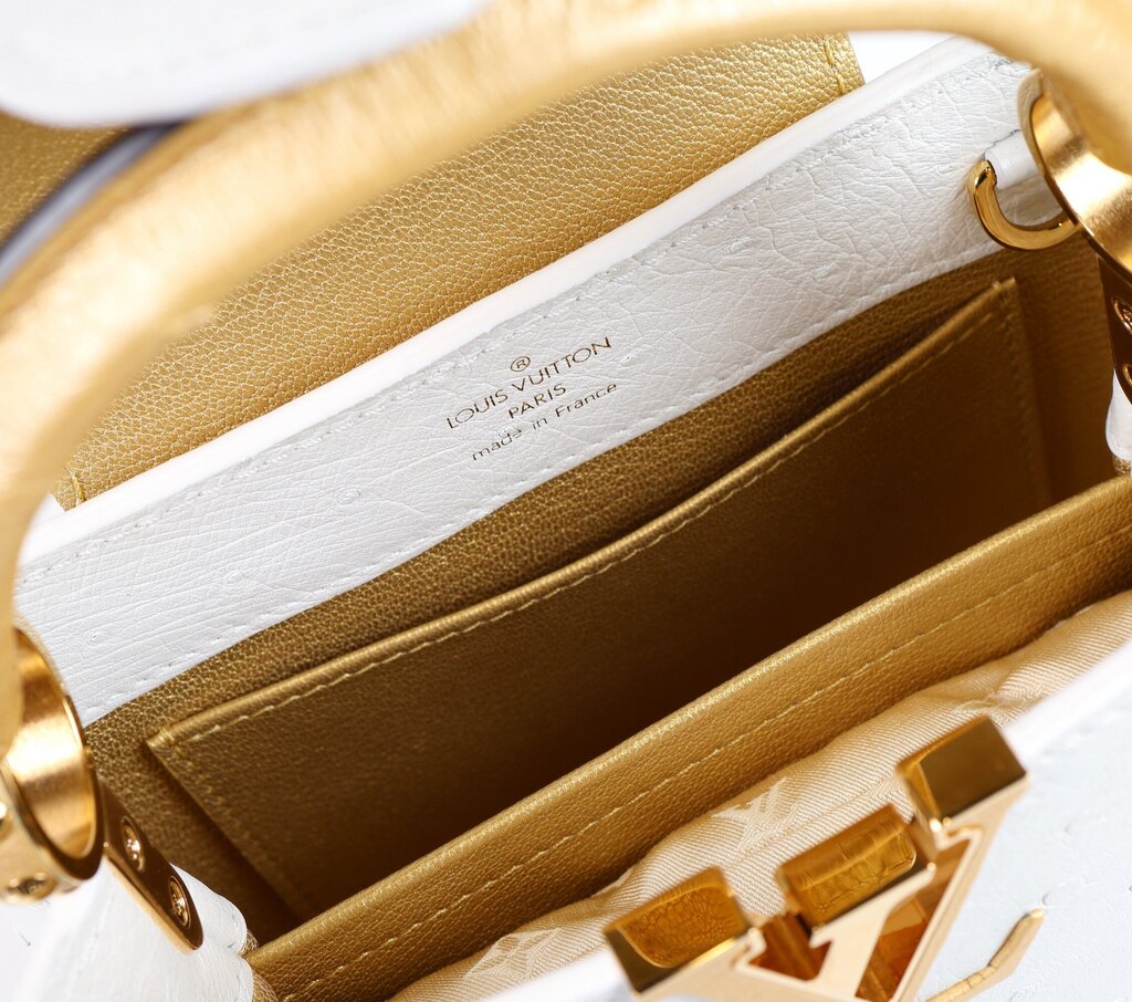 Gold Leather and White Ostrich Mini Capucine