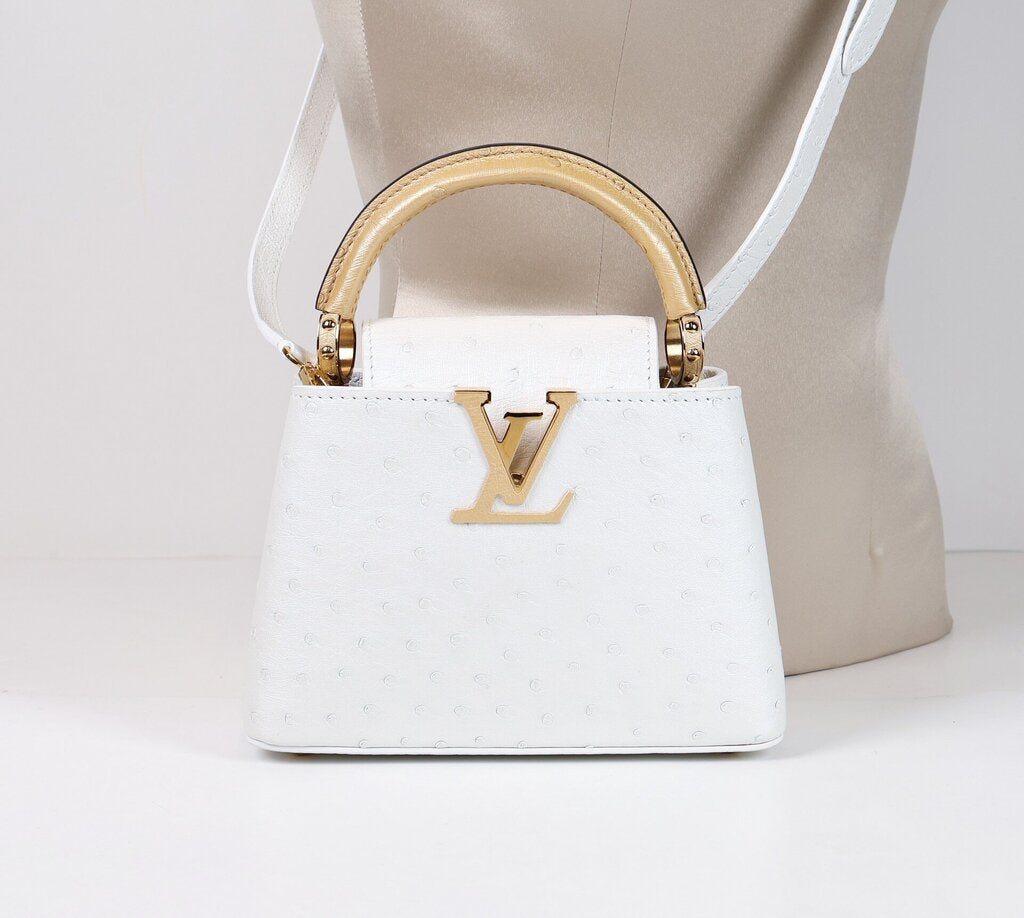 Gold Leather and White Ostrich Mini Capucine