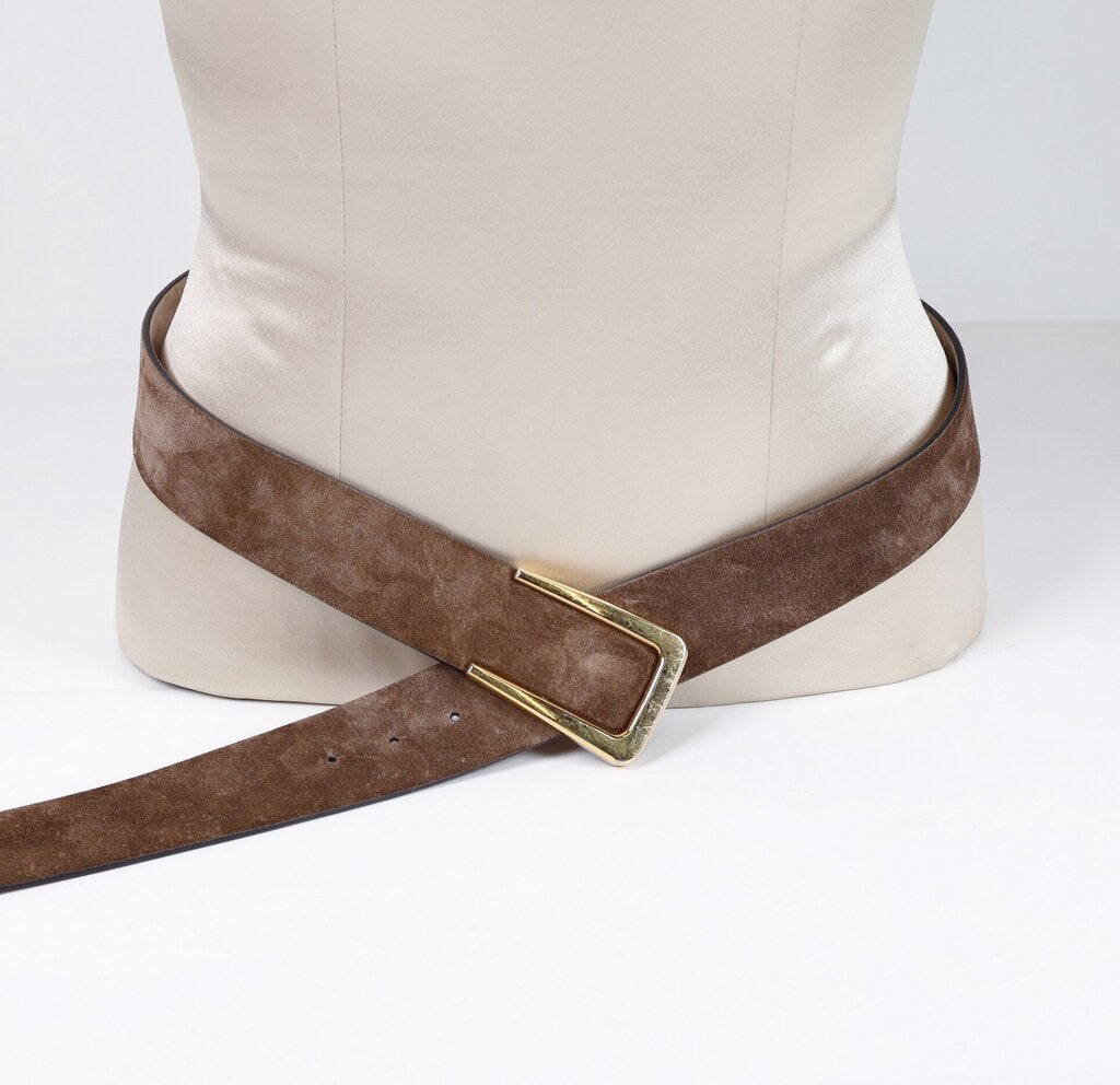 (M) Brown Suede Belt with Gold Buckle