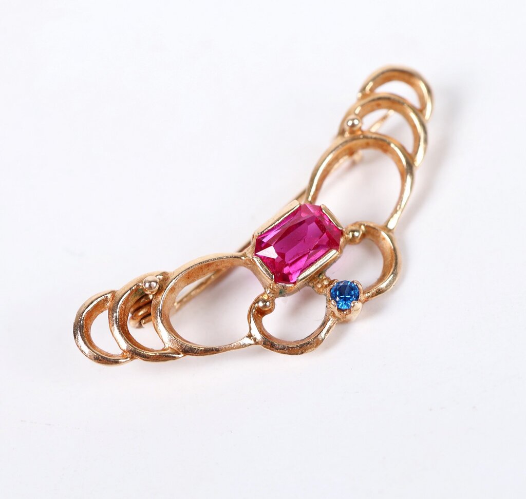 14K Gold Sapphire and Ruby Filigree Pin