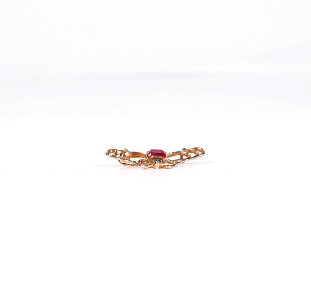 14K Gold Sapphire and Ruby Filigree Pin