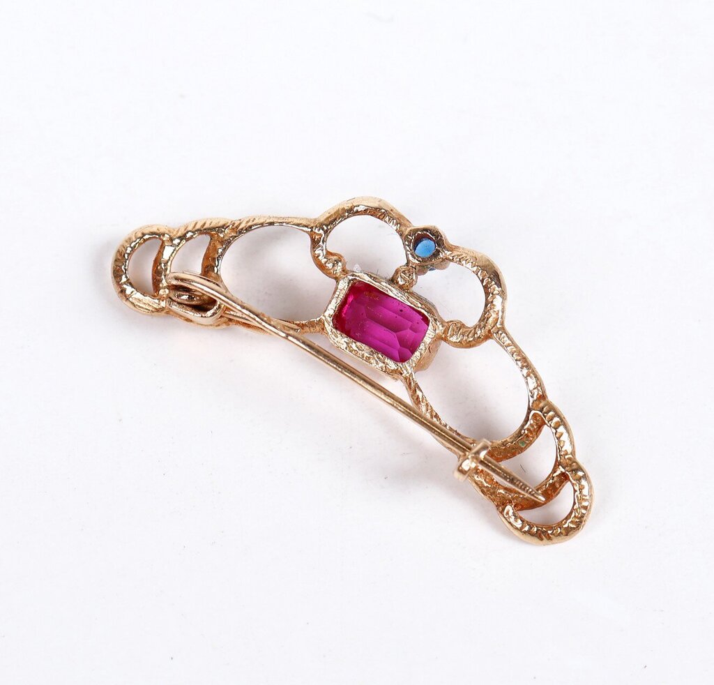 14K Gold Sapphire and Ruby Filigree Pin