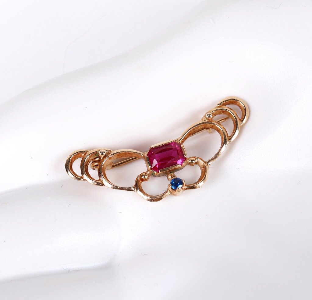 14K Gold Sapphire and Ruby Filigree Pin