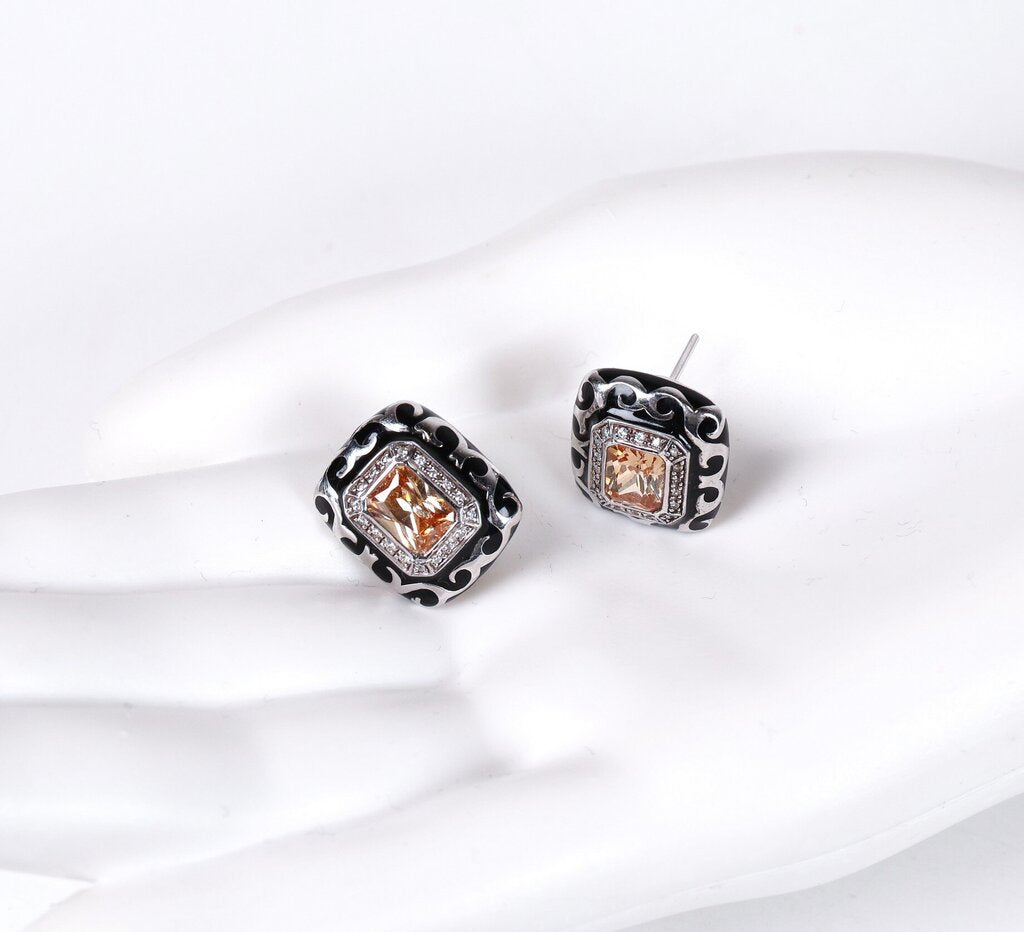 Sterling and Citrine Black Enamel Scroll Earrings