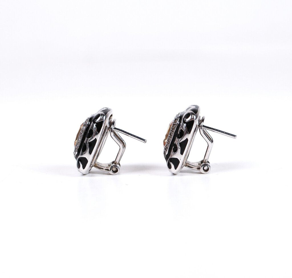 Sterling and Citrine Black Enamel Scroll Earrings