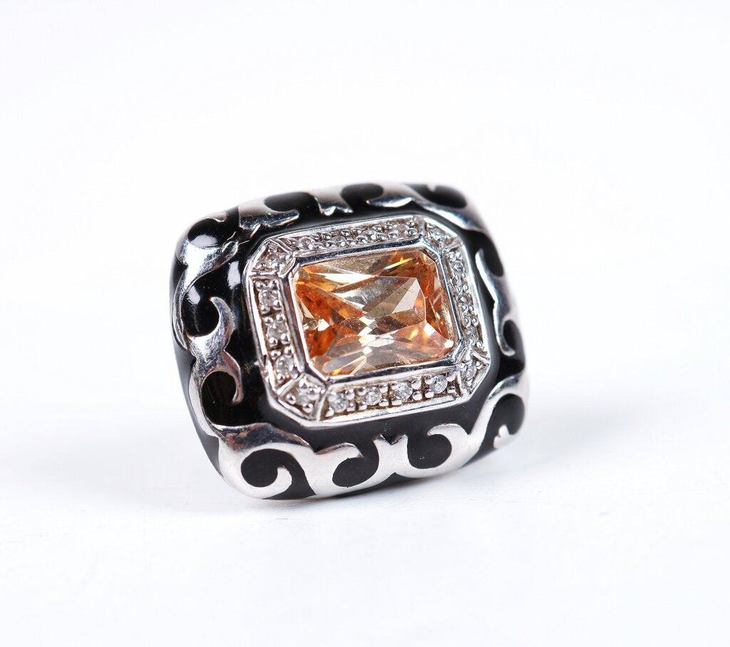 Sterling and Citrine Black Enamel Scroll Earrings