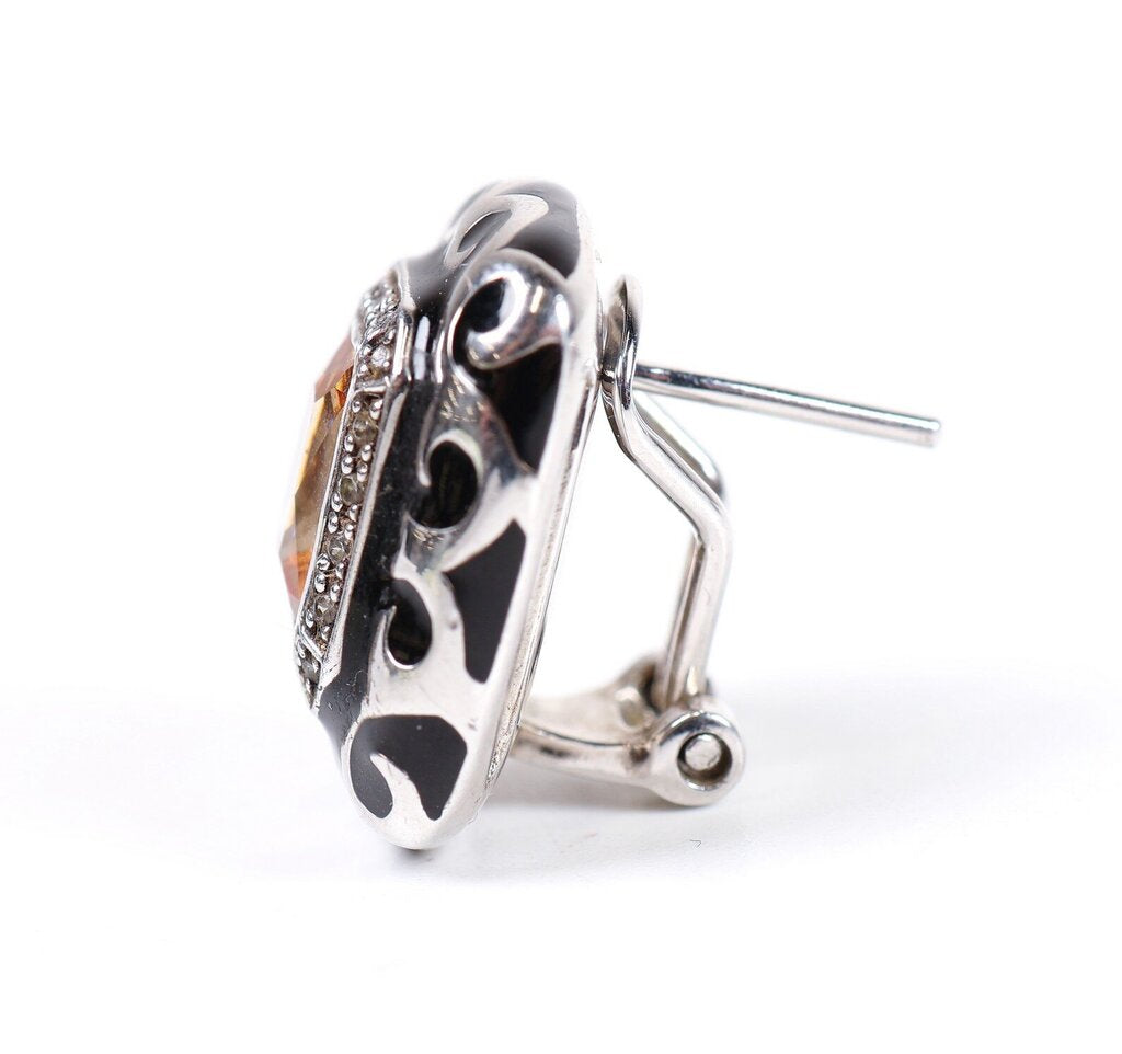 Sterling and Citrine Black Enamel Scroll Earrings