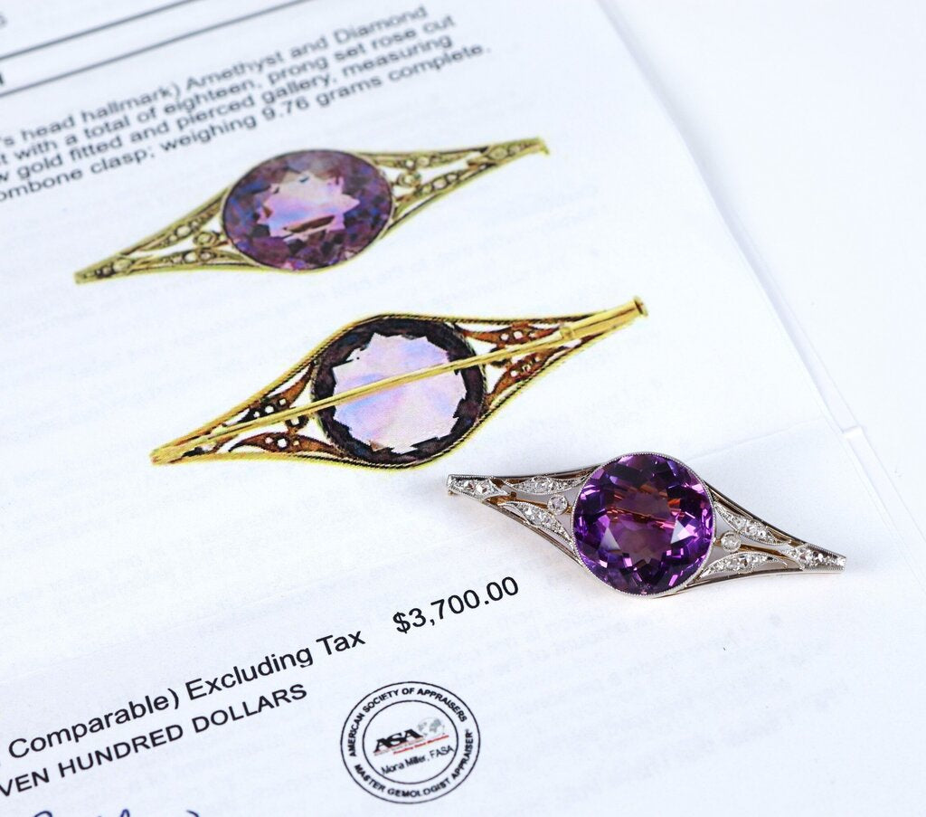 18K/14K Rose Cut Diamonds and Amethyst Pin