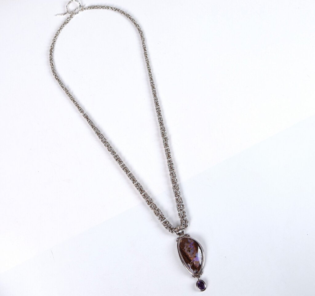 Sterling Boulder Opal and Amethyst Pendant