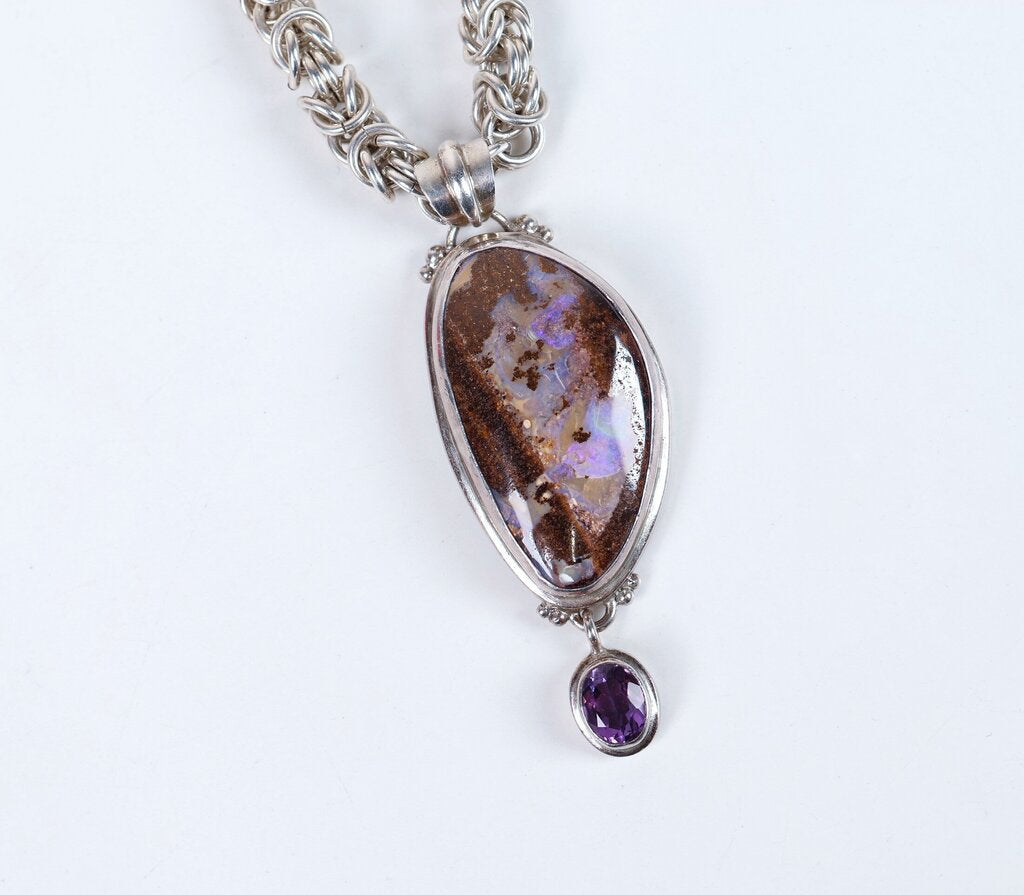 Sterling Boulder Opal and Amethyst Pendant