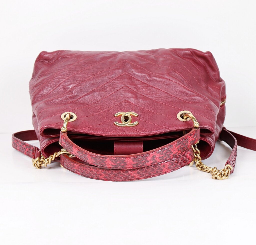 Burgundy Calfskin Small Chevron Chic Shopping Tote