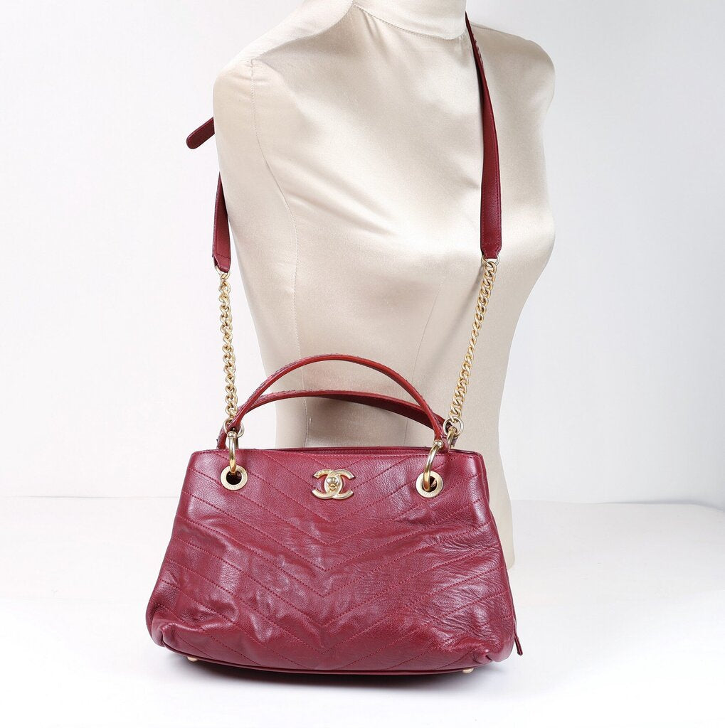 Burgundy Calfskin Small Chevron Chic Shopping Tote