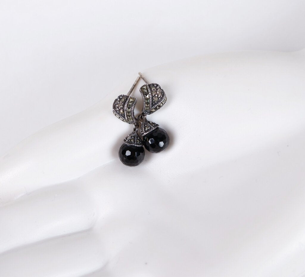 Sterling Jet and Marcasite Earrings