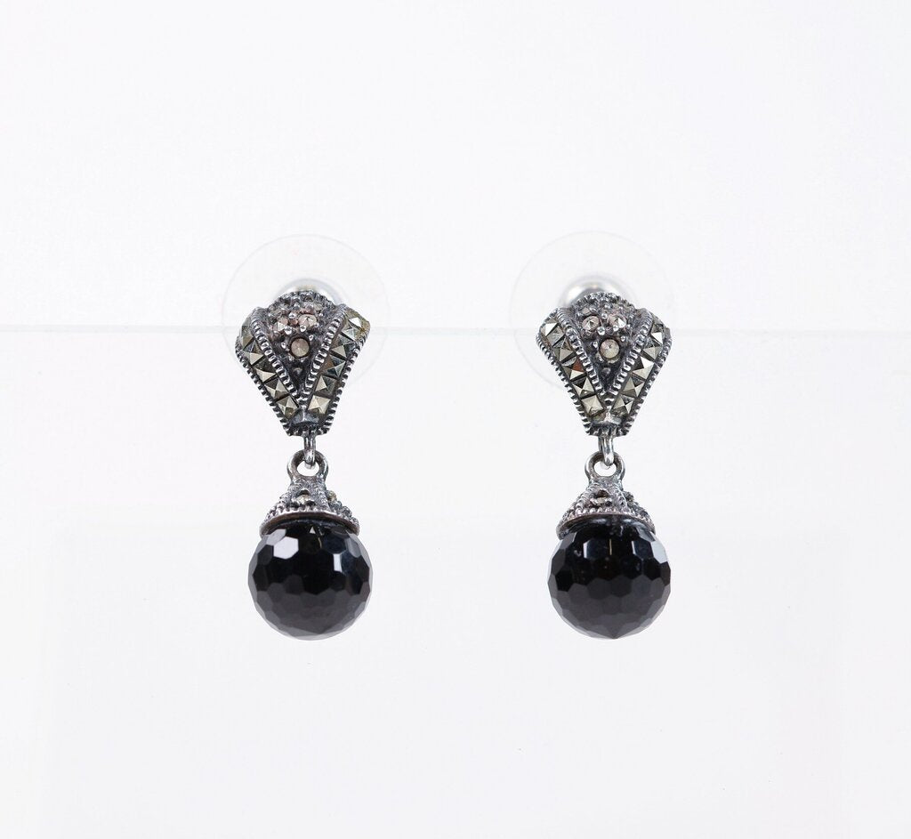 Sterling Jet and Marcasite Earrings