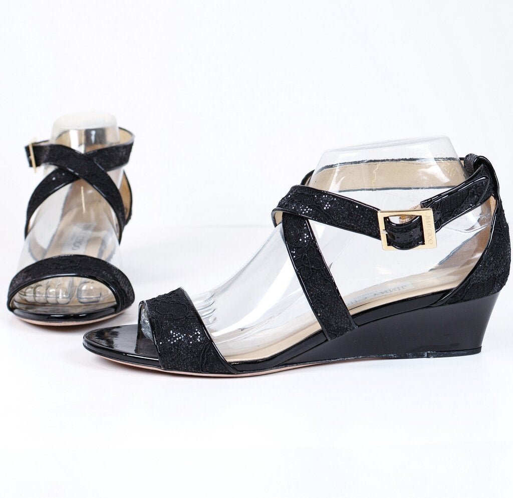 (39/9) Black Lace Strap Wedge Sandal