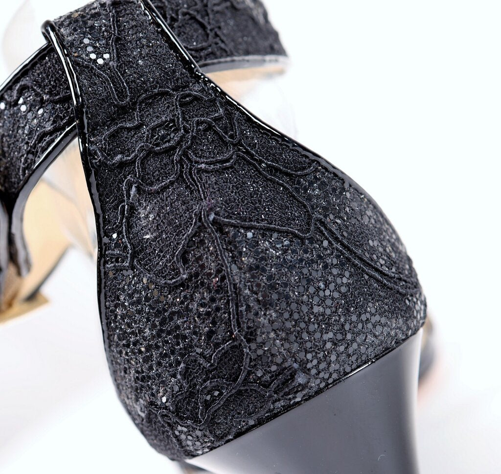 (39/9) Black Lace Strap Wedge Sandal