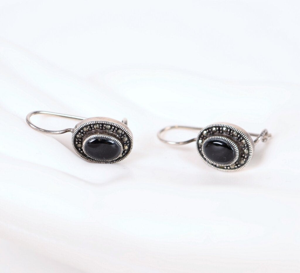 Sterling Onyx and Marcasite Deco Earrings