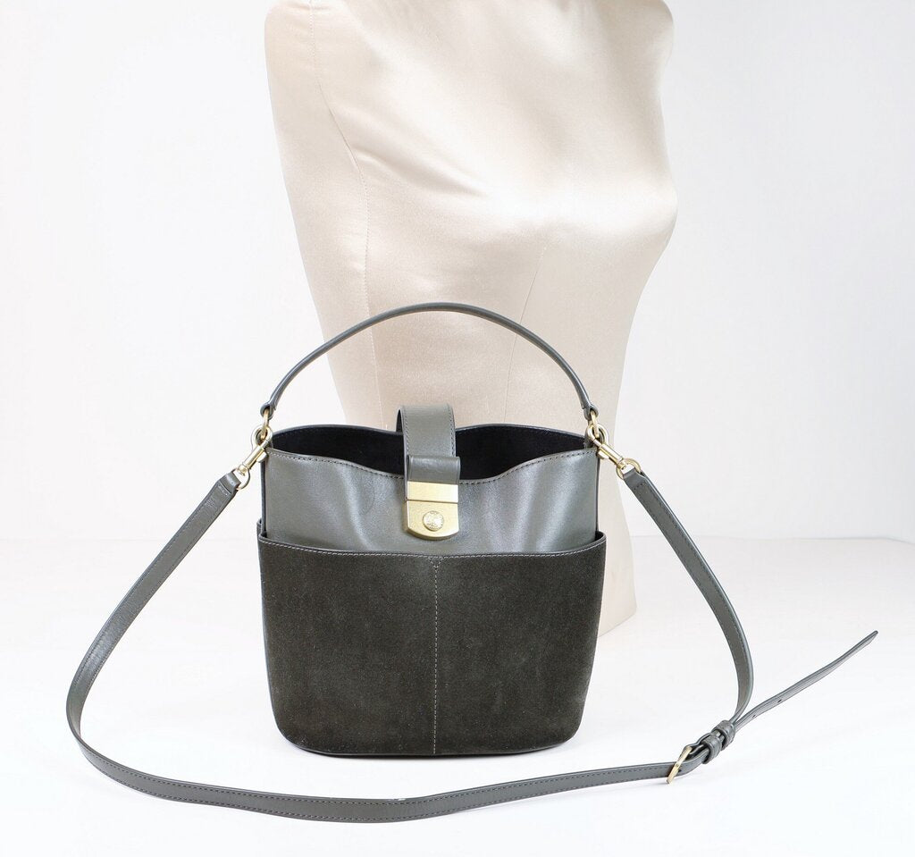 Pine Green Leather and Suede Bucket Bag