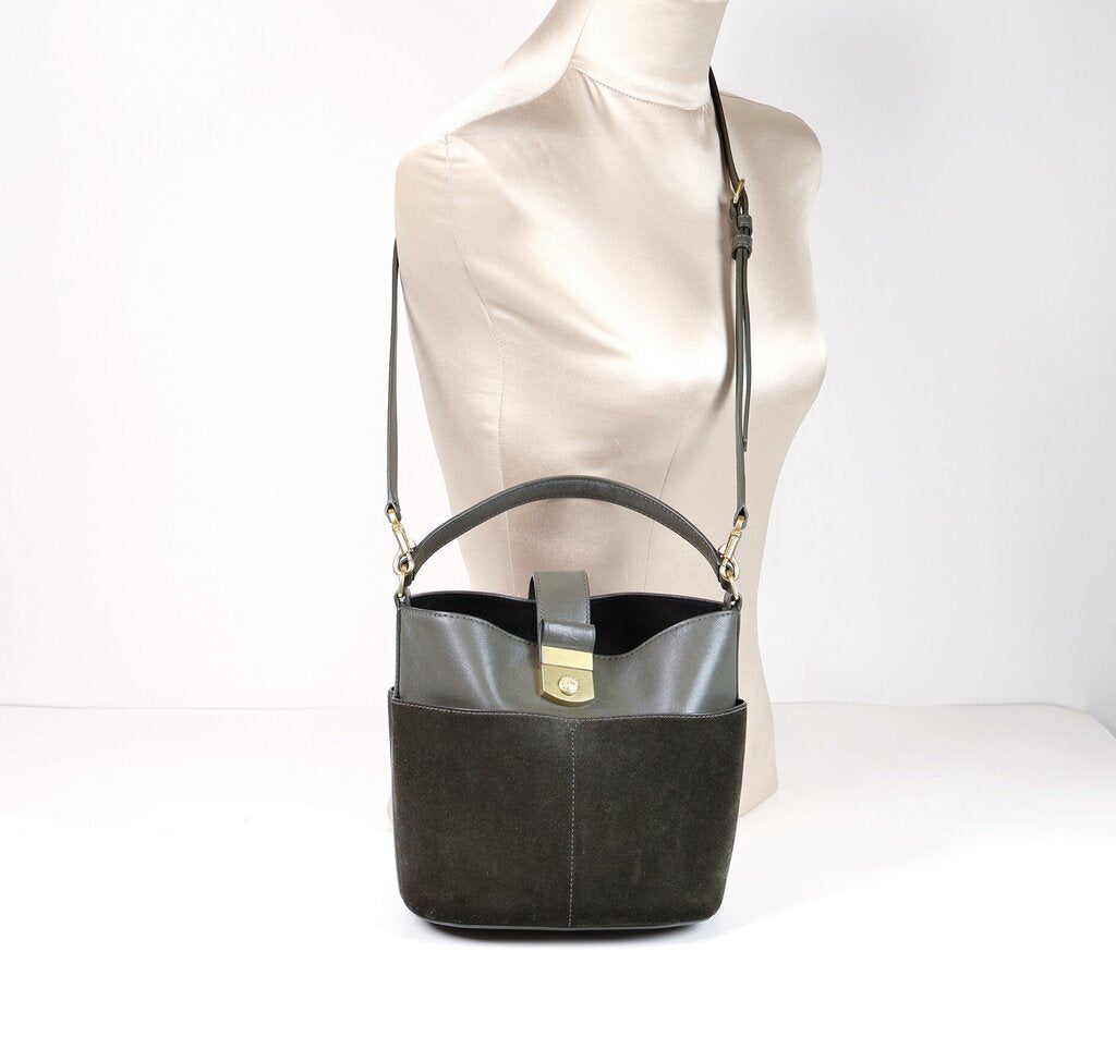 Pine Green Leather and Suede Bucket Bag