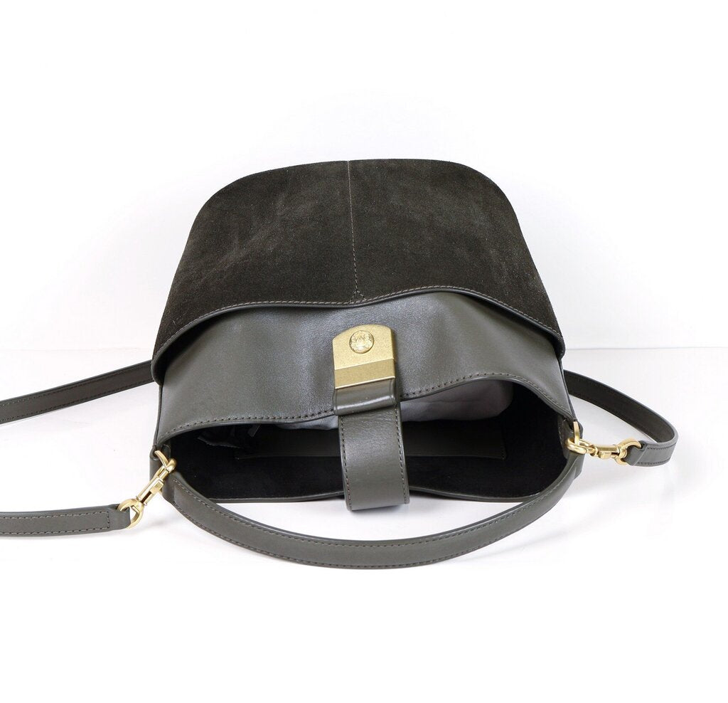 Pine Green Leather and Suede Bucket Bag