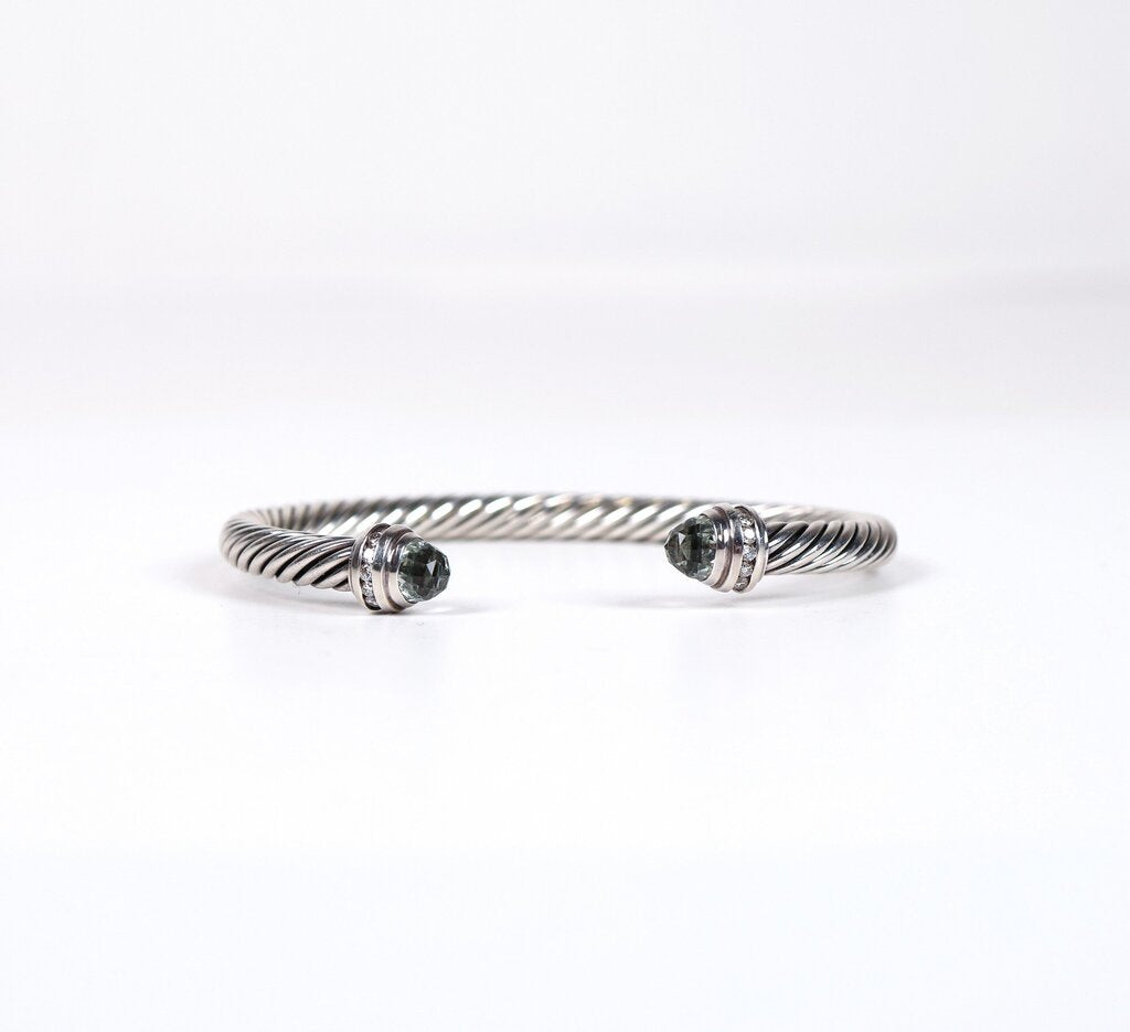 Sterling 14K Prasiolite and Diamond 6mm 'Cable Flex' Cuff