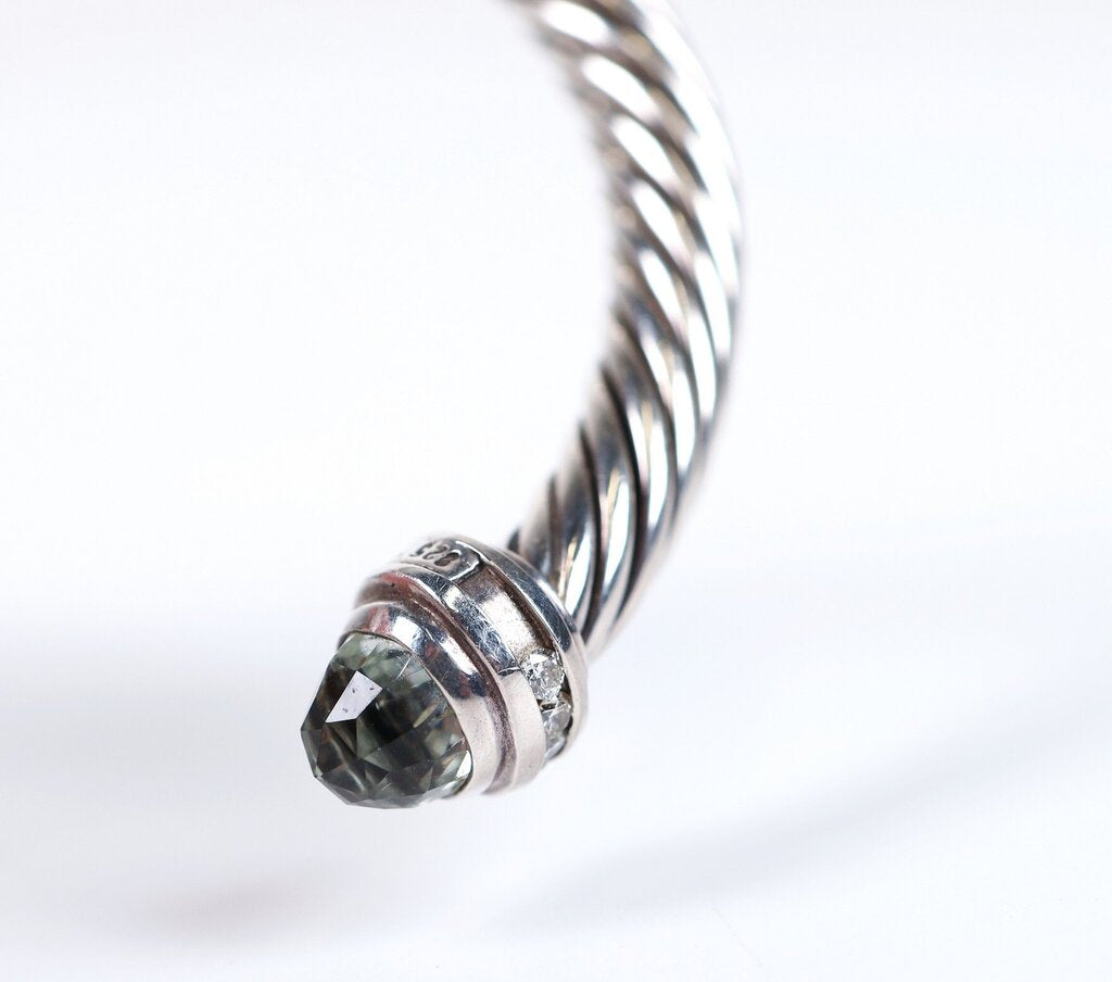 Sterling 14K Prasiolite and Diamond 6mm 'Cable Flex' Cuff
