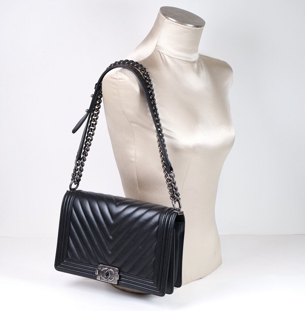 Black Lambskin Chevron Leather 'Boy Bag'