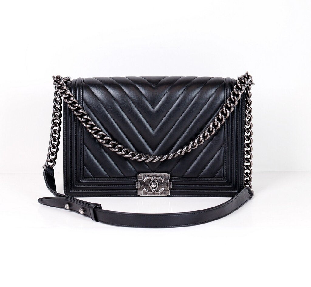 Black Lambskin Chevron Leather 'Boy Bag'