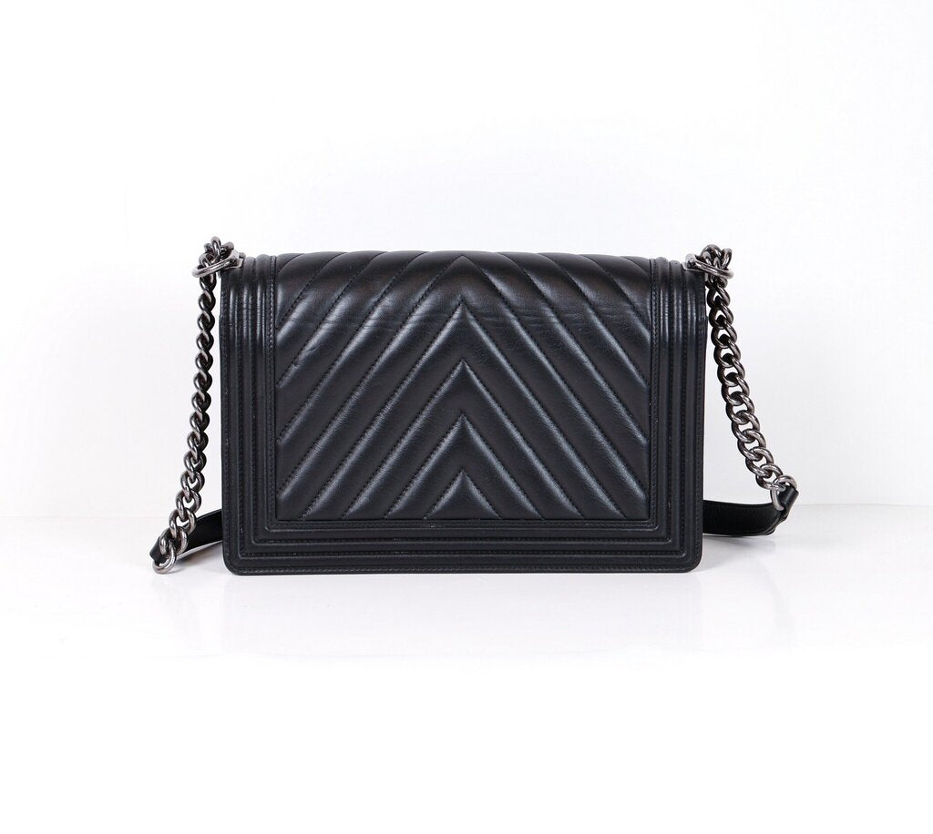Black Lambskin Chevron Leather Boy Bag