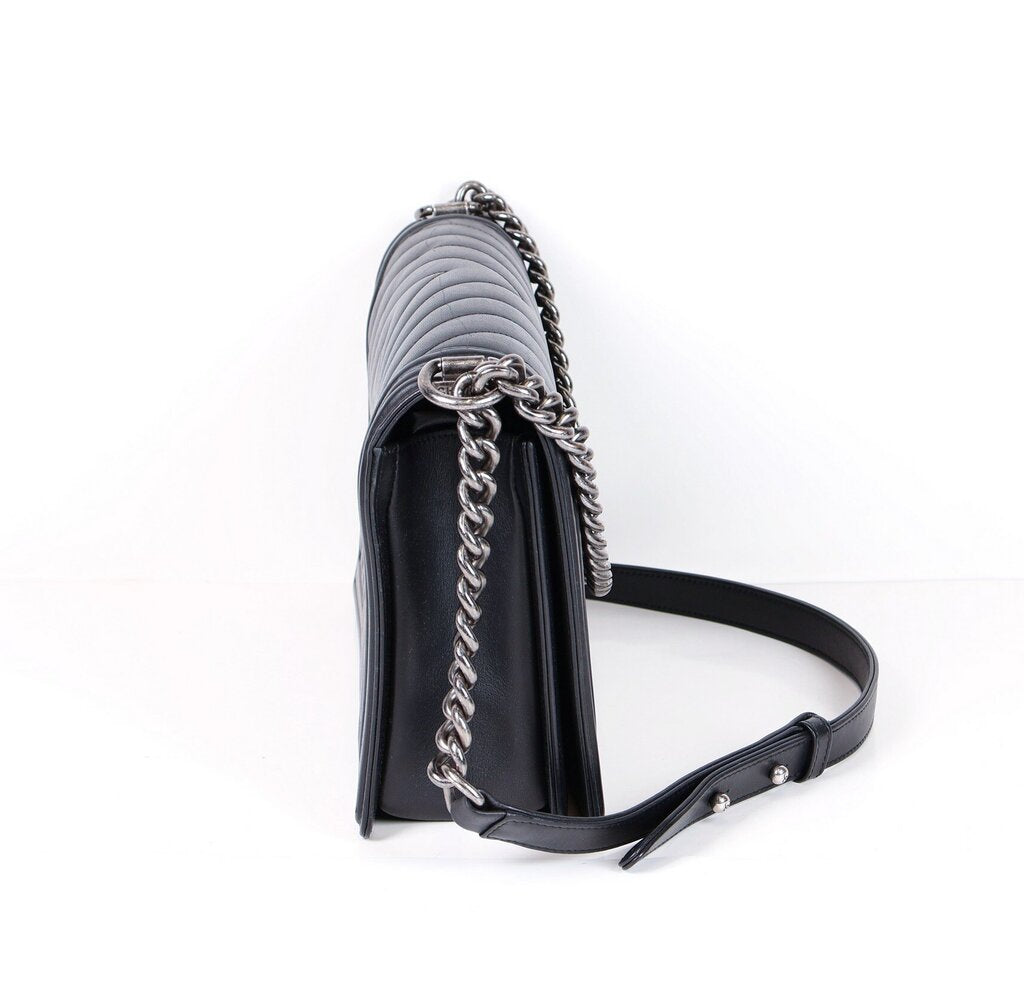 Black Lambskin Chevron Leather 'Boy Bag'