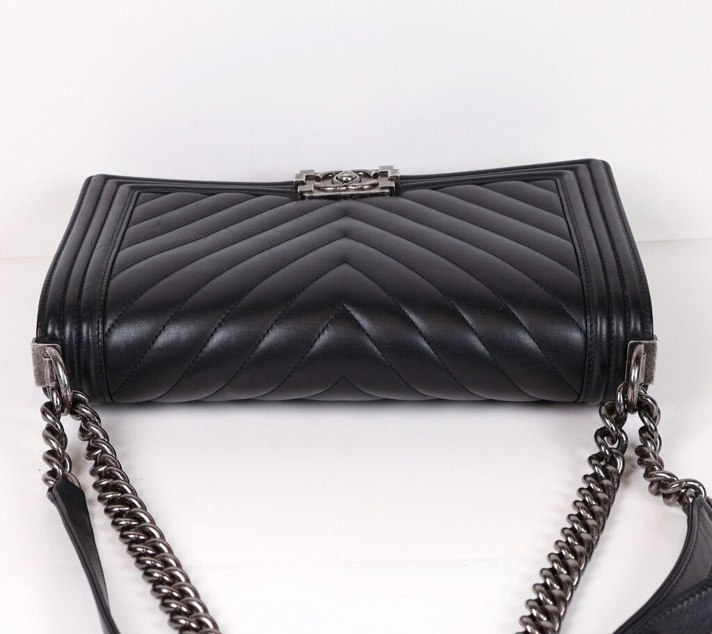 Black Lambskin Chevron Leather 'Boy Bag'