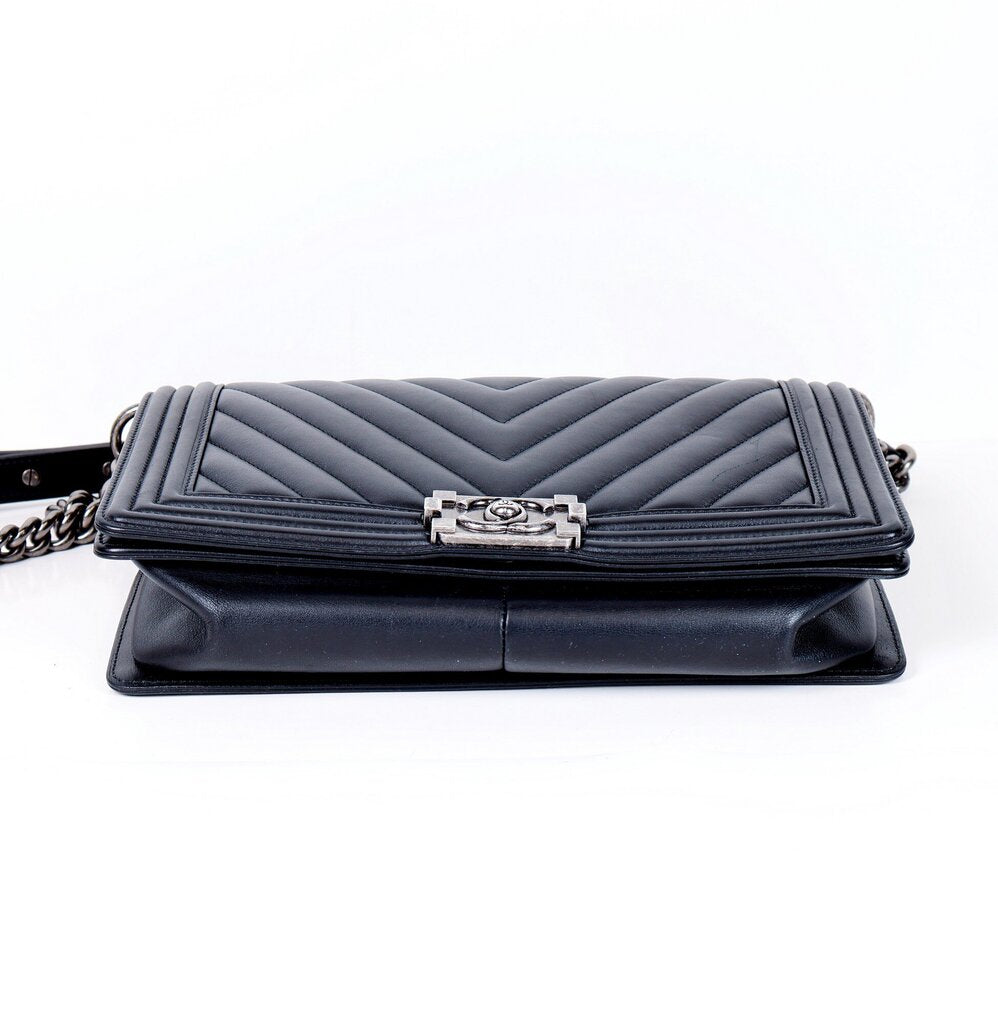 Black Lambskin Chevron Leather 'Boy Bag'