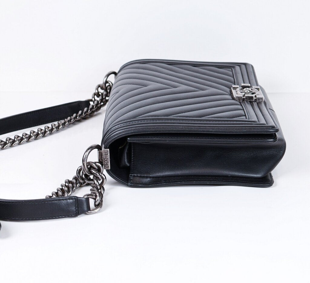 Black Lambskin Chevron Leather 'Boy Bag'