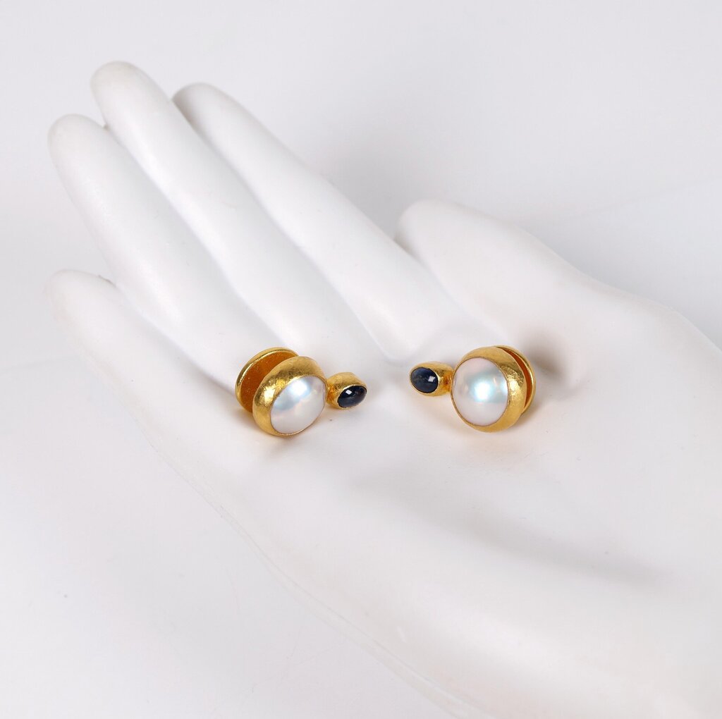 'Amulet Hue' 24K Gold Pearl and Blue Sapphire Earrings