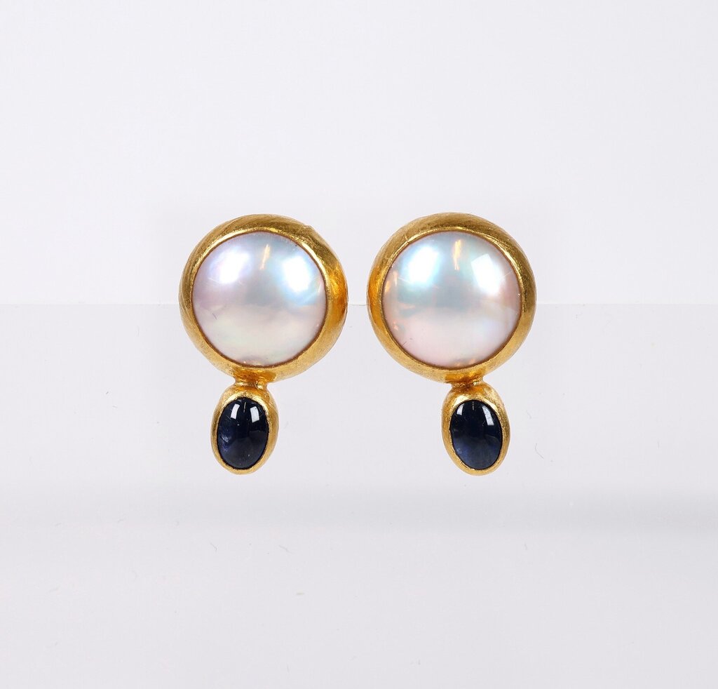'Amulet Hue' 24K Gold Pearl and Blue Sapphire Earrings