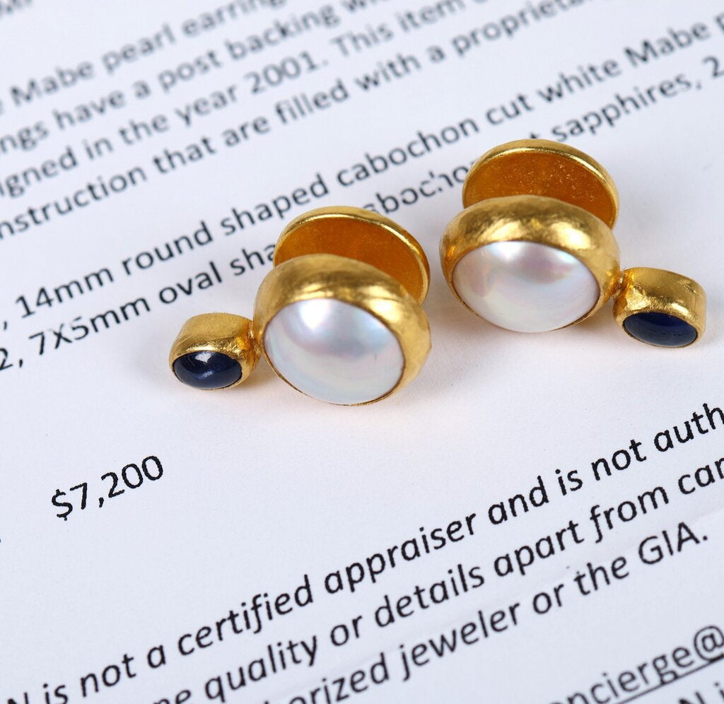 'Amulet Hue' 24K Gold Pearl and Blue Sapphire Earrings