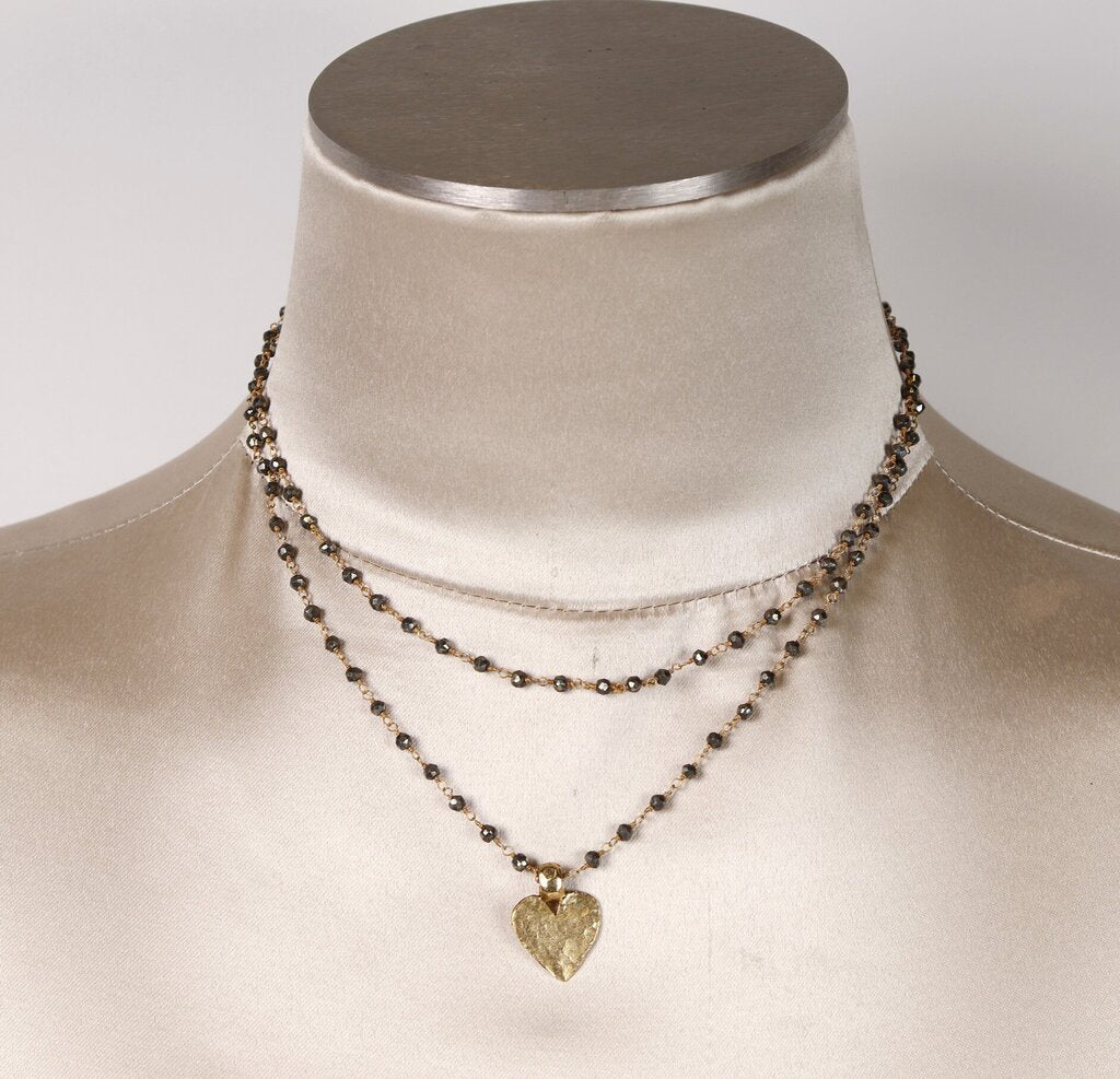 Pyrite Beaded Link Chain with Hammered Heart Pendant
