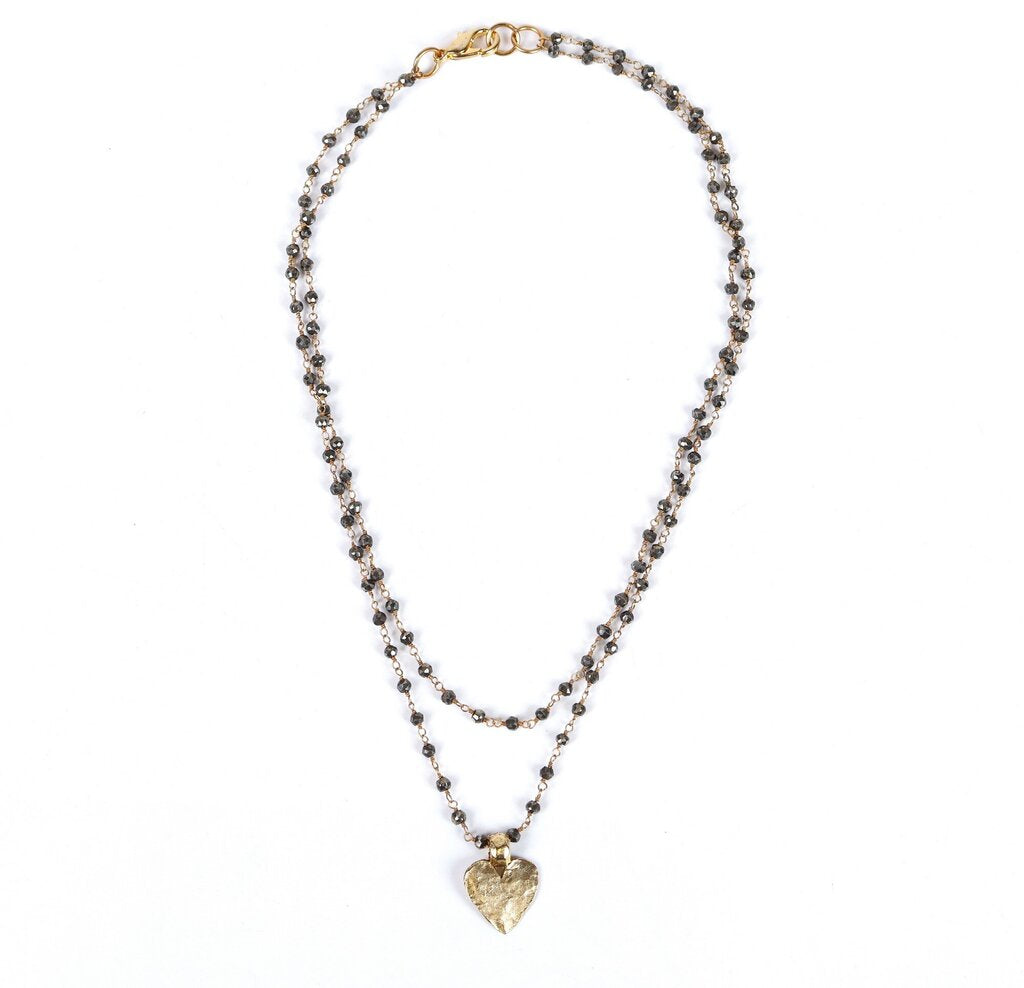 Pyrite Beaded Link Chain with Hammered Heart Pendant