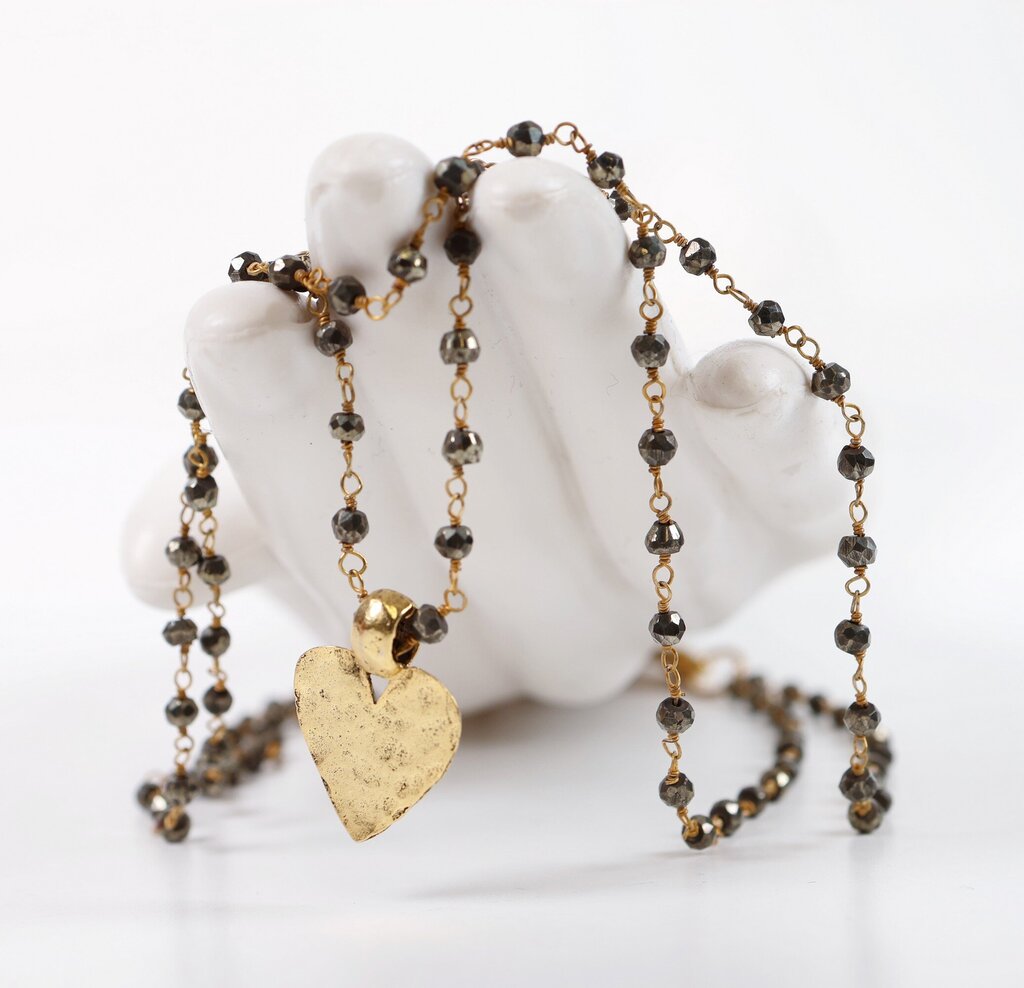 Pyrite Beaded Link Chain with Hammered Heart Pendant