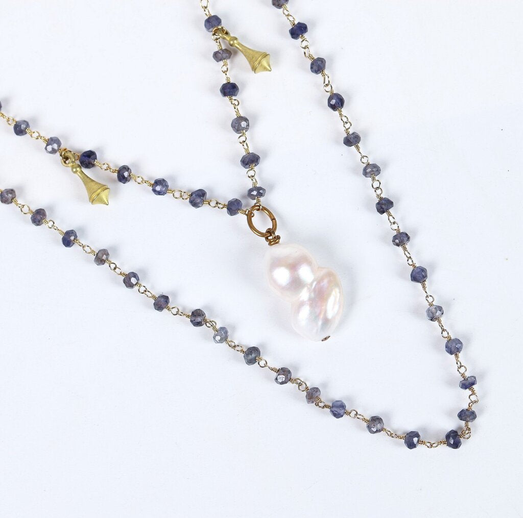Iolite Beaded Chain with Pearl Pendant