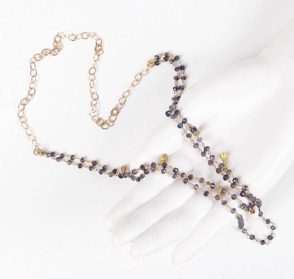 Iolite Beaded Chain with Pearl Pendant