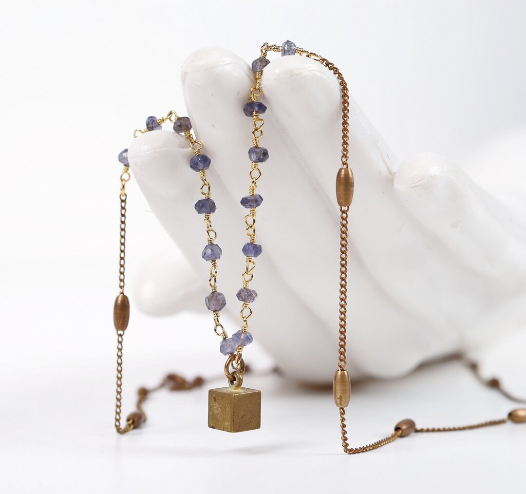 Brass Beaded Chain with Iolite Beaded Links