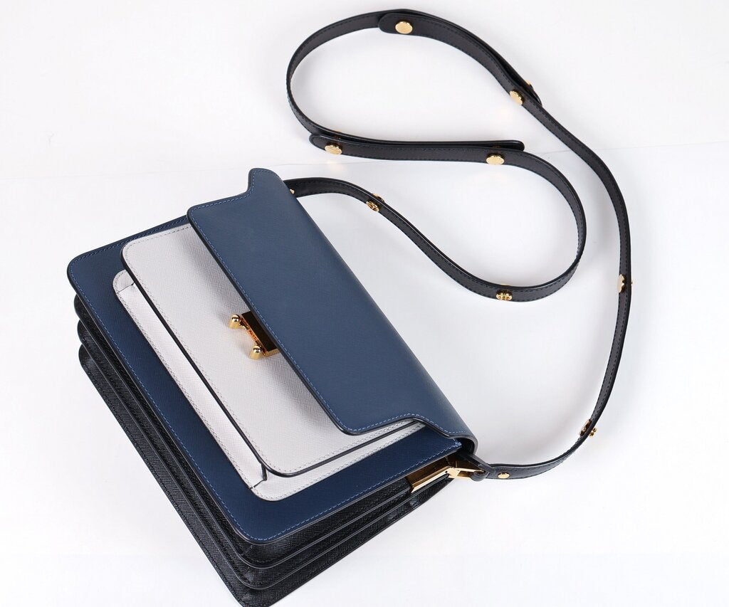 Navy and White 'Trunk' Bag with Black Snap Strap